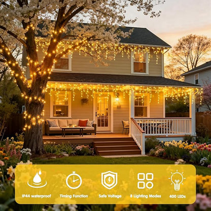 JMEXSUSS 38.8FT Icicle Lights for Outside, 400 LED Icicle Christmas Lights Outdoor Indoor Plug in, Warm White String Lights for Christmas House Patio Party Fireplace Holiday Decorations