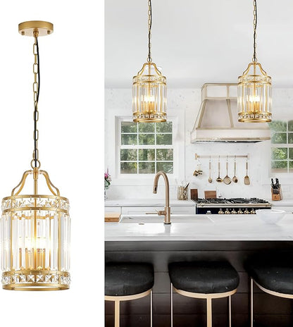 Modern Gold Pendant Island Light Fixtures for Kitchen, Luxury Elegant Crystal Small 4-Light Chandeliers for Dining Room, Industrial Cage Hanging Ceiling Lighting for Bedroom Foyer Hallway