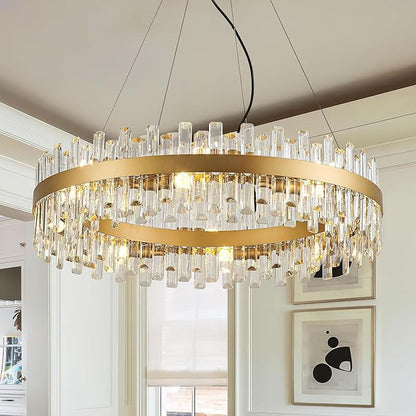 31.9" Gold Modern Crystal Chandelier Light Fixtures Luxury 2 Rings Crystal Chandeliers for Dining Room 16-Light Round Hanging Pendant Lighting for Living Room Kitchen Island Entryway Bedroom