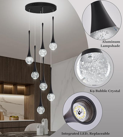 Modern Black Crystal Chandelier for Kitchen Island 7-Lights, Luxury Spiral Dimmable LED Bubble Raindrop Pendant Lighting Fixture for Dining Room Foyer Entryway Bedroom
