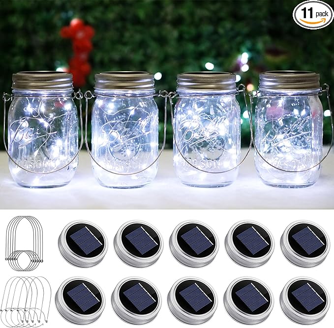 SmilingTown Solar Light for Mason Jars 20 LED Outdoor Fairy String Light Lids with Hangers for Jar Lantern Waterproof Rust Resist for Patio Lawn Garden Decor No Jars 10 Pack (Cool White)