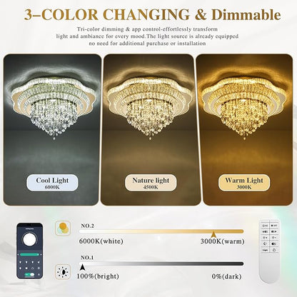 30" Gold Crystal LED Ceiling Light Fixture with Remote Control,Large Flush Mount Chandelier with 3-Color Dimmable for Living Room Bedroom Dining Room