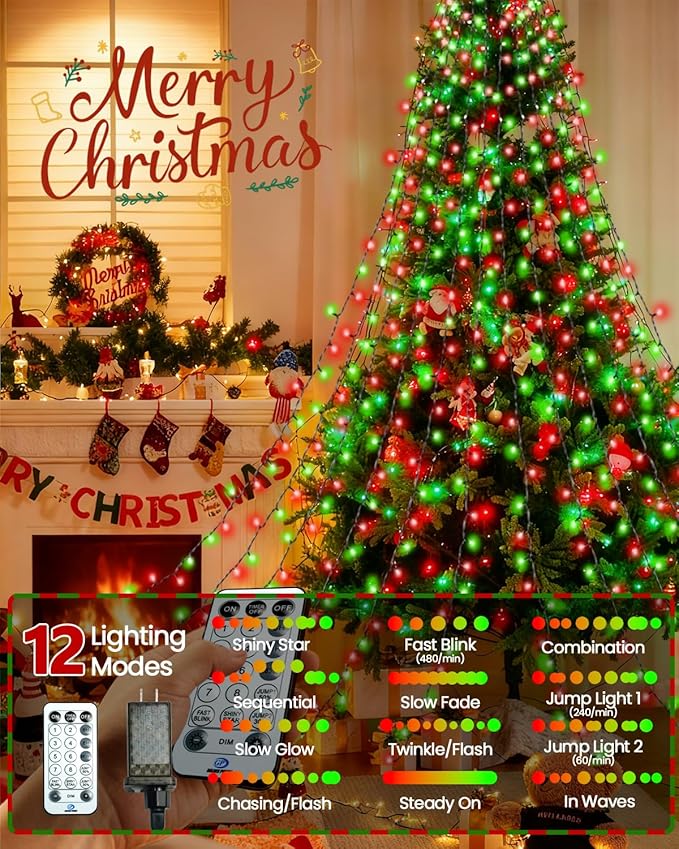 2025 New Christmas Tree Lights Indoor with Voice Control & Remote | 448LED Waterfall Tree Topper Lights with 12 Modes & Timer, 7FT x 16 Lines Cascading Twinkle Lights for 7FT Xmas Decor(Red Green)