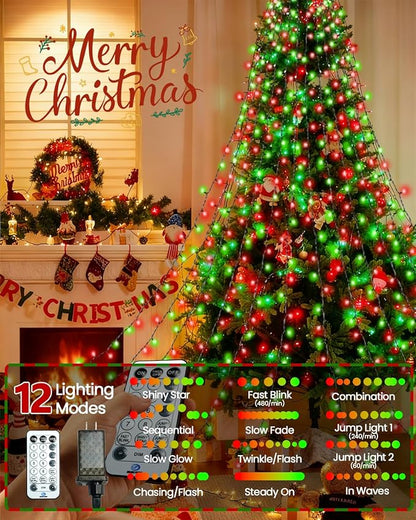 2025 New Christmas Tree Lights Indoor with Voice Control & Remote | 448LED Waterfall Tree Topper Lights with 12 Modes & Timer, 7FT x 16 Lines Cascading Twinkle Lights for 7FT Xmas Decor(Red Green)