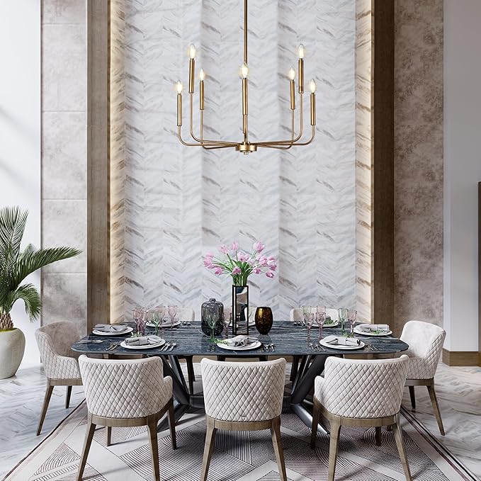 LALUZ Champagne Antique Gold Chandelier, 8-Light Modern Farmhouse Dining Room Chandelier Over Table, 27'' Aged Brass Chandeliers Hanging Light Fixture for Dining Room, Living Room, Bedrooms, Foyer