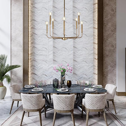 LALUZ Champagne Antique Gold Chandelier, 8-Light Modern Farmhouse Dining Room Chandelier Over Table, 27'' Aged Brass Chandeliers Hanging Light Fixture for Dining Room, Living Room, Bedrooms, Foyer