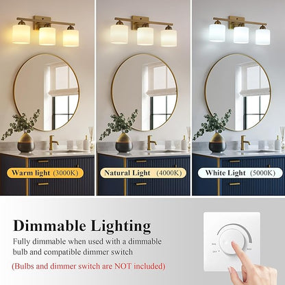 Mecgirn Milk Glass Vanity Lights for Bathroom, 3 Light Brass Bathroom Light Fixtures Over Mirror, Ceramic E26 Sockets Wall Mounted