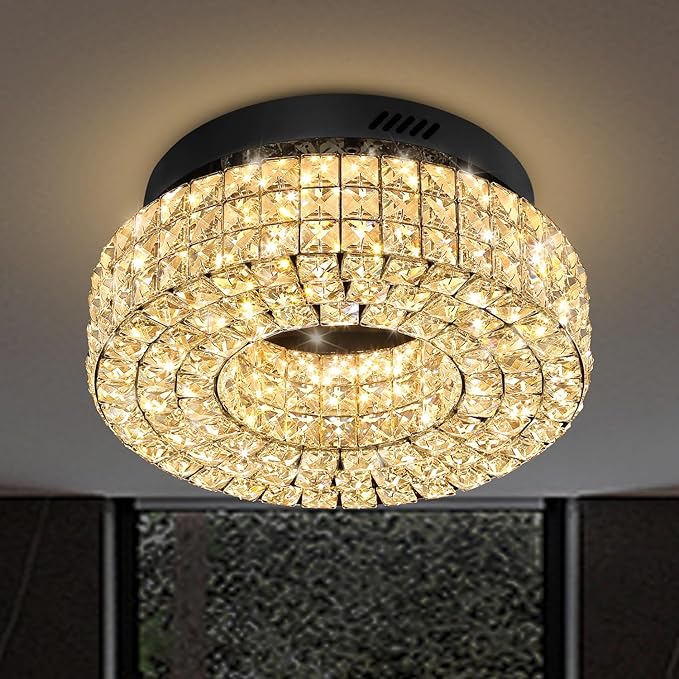 ykolupty 16" Crystal Chandeliers,Round Chandelier for Living Room Modern Crystal Ceiling Light Fixture for Foyer Bedrooms Dining Room Hallway Black