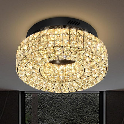 ykolupty 16" Crystal Chandeliers,Round Chandelier for Living Room Modern Crystal Ceiling Light Fixture for Foyer Bedrooms Dining Room Hallway Black