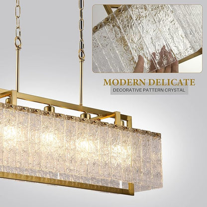 35.4" Gold Crystal Modern Chandelier for Dining Room, Chandeliers with Water Ripple Glass, Adjustable Chain Length,Luxury Rectangular Pendant Light Fixture for Kitchen Island Living Room