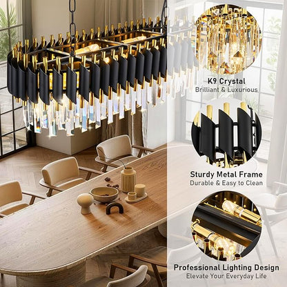 L33 Black and Gold Crystal Chandelier Large 8 Light 3-Tier K9 Crystal Raindrop Chandelier Flush Mount Ceiling Light Fixture for for Dining Room Kitchen Island