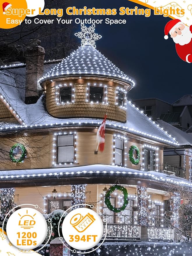 BrightChristmas Christmas Lights 1200 LED 394 FT, Waterproof Outdoor String Lights with Remote and Timer, Christmas Tree Lights with 8 Modes Dimmable, Fairy Lights for Holiday Decor (Cool White)