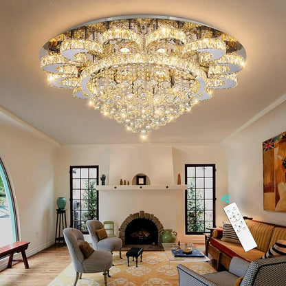 HAIXIANG Modern Chandelier Living Room Light Glam Chandeliers Ceiling Light Fixture Remote Dimmable Lights 40 Inches Luxury Crystal Silver Dining Room Lights