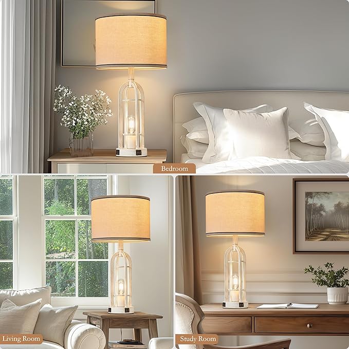 SRJJA Farmhouse Table Lamps for Living Room Set of 2 - Rustic Industrial Lamps for Night Stands with Night Light & USB A+C, 24" Vintage Bedside Lamp for Bedroom, Bulbs Included