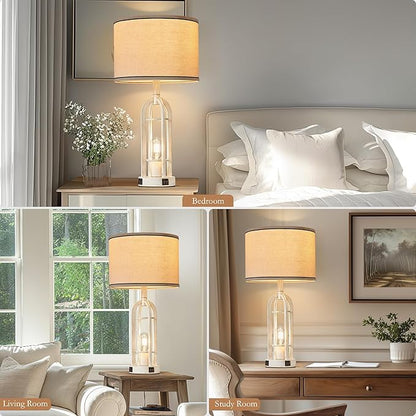 SRJJA Farmhouse Table Lamps for Living Room Set of 2 - Rustic Industrial Lamps for Night Stands with Night Light & USB A+C, 24" Vintage Bedside Lamp for Bedroom, Bulbs Included