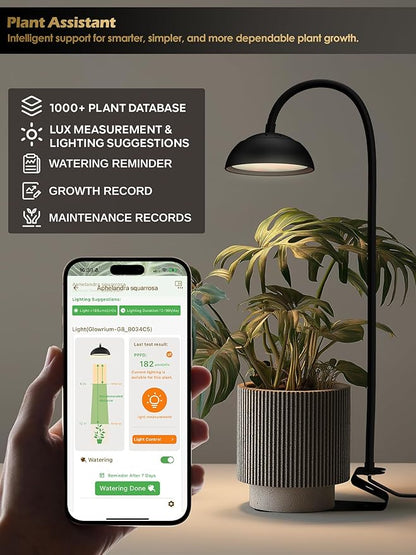 GLOWRIUM Smart Grow Lights for Indoor Plants,10W Full Spectrum LED Plant Light with 3/9/12 Timer,10 Dimmable Levels,Height Adjustable Grow Light with Base (Black)