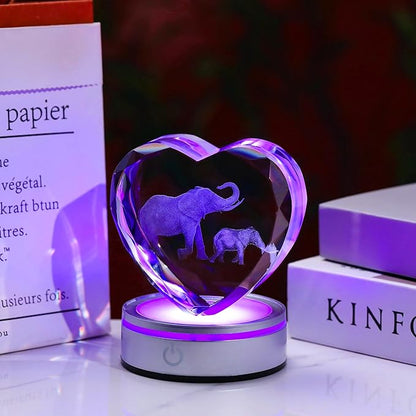 Qianwei Elephant Gifts for Women 3D Crystal Heart - Laser Elephant Decor Glass Animals Elephants Gifts Figurines Statue Stuff for Room Decorations Night Light