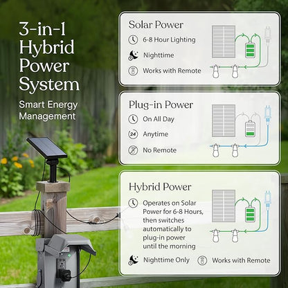 Brightech Ambience Hybrid Outdoor String Lights - Dual Plug and Solar Powered Waterproof LED Light String for Outside - 27 Ft, Dimmable 4W, Soft White Edison Bulbs for Camping, Patio, Cafe, Yard