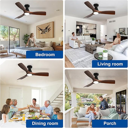 DLLT 42-Inch Ceiling Fans with Lights: Flush Mount Ceiling Fan 3 Blades for Indoor Outdoor - Dimmable Ceiling Fan with Remote APP Control Noiseless DC Motor for Low Profile Bedroom