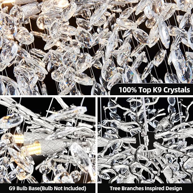 Modern Tree Branch Crystal Chandelier 18" Sliver Luxury Large Pendant Lighting 6-Light Contemporary K9 Crystal Chandeliers for Dining Room Kitchen Living Room Foyer Entryway (Sliver, D18"-Round)
