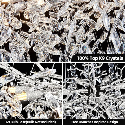 Modern Tree Branch Crystal Chandelier 23.6" Sliver Luxury Large Pendant Lighting 8-Light Contemporary K9 Crystal Chandeliers for Dining Room Kitchen Living Room Foyer Entryway (Sliver, D23.6"-Round)