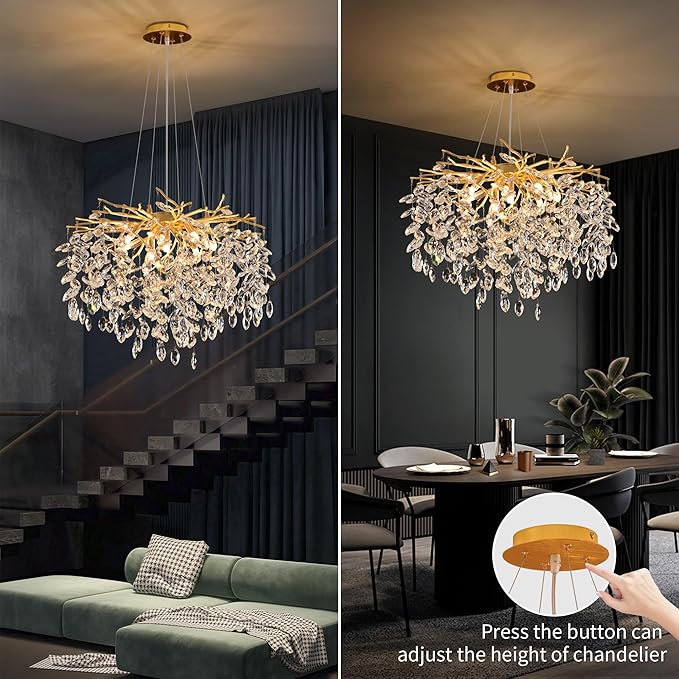Gold Crystal Tree Branch Chandelier, Modern Round Art Deco Raindrop Lighting Fixture for Dining Room Bedroom Living Room 8 Lights D23.7''