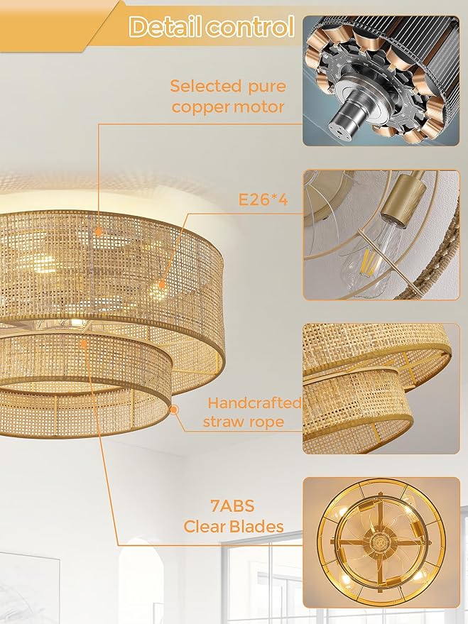 Boho Caged Ceiling Fans with Lights,Rattan Fandelier Ceiling Fans with Lights and Remote Control, Coastal Enclosed Flush Mount with Reversible 6 Speeds for Bedroom Dining Room Kitchen