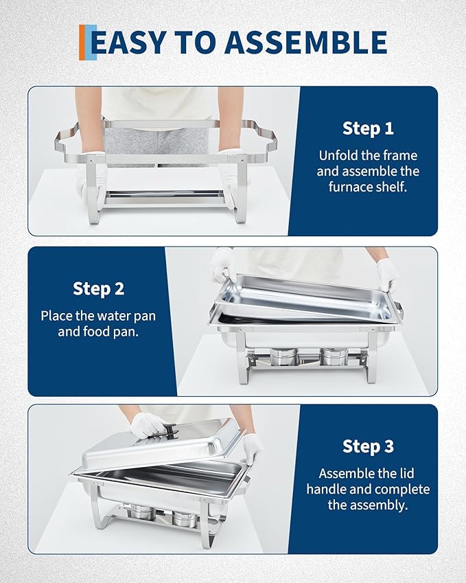 Garvee Chafing Dishes for Buffet Set of 2, 8QT Buffet Servers and Warmers Set with Lid & Foldable Frame, Rectangular Stainless Steel Chafer Food Warmer for Parties Wedding Catering Supplies, Silver