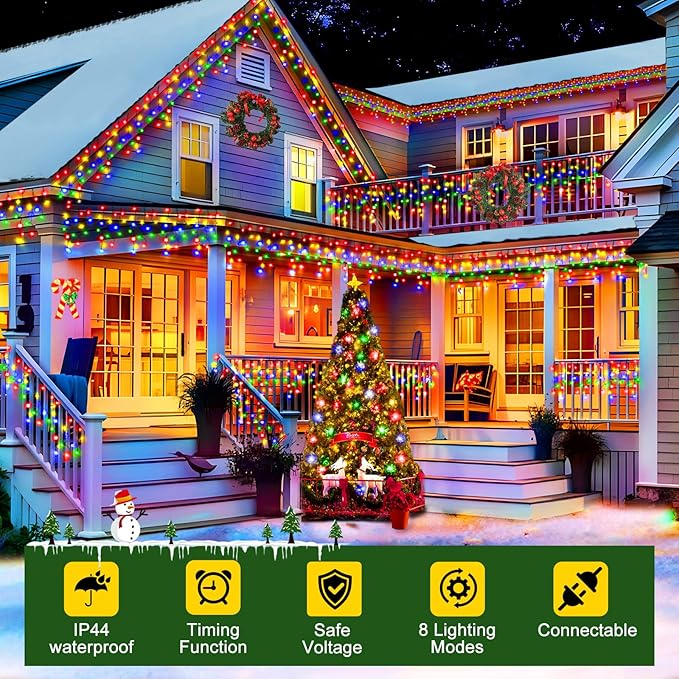 KNONEW 33FT 400 LED Christmas Lights Outdoor Black Wire String Lights with 75 Drops, 8 Lighting Modes, Timer Memory Function Connectable Hanging Curtain Lights for Halloween Party Decor(Multicolor)