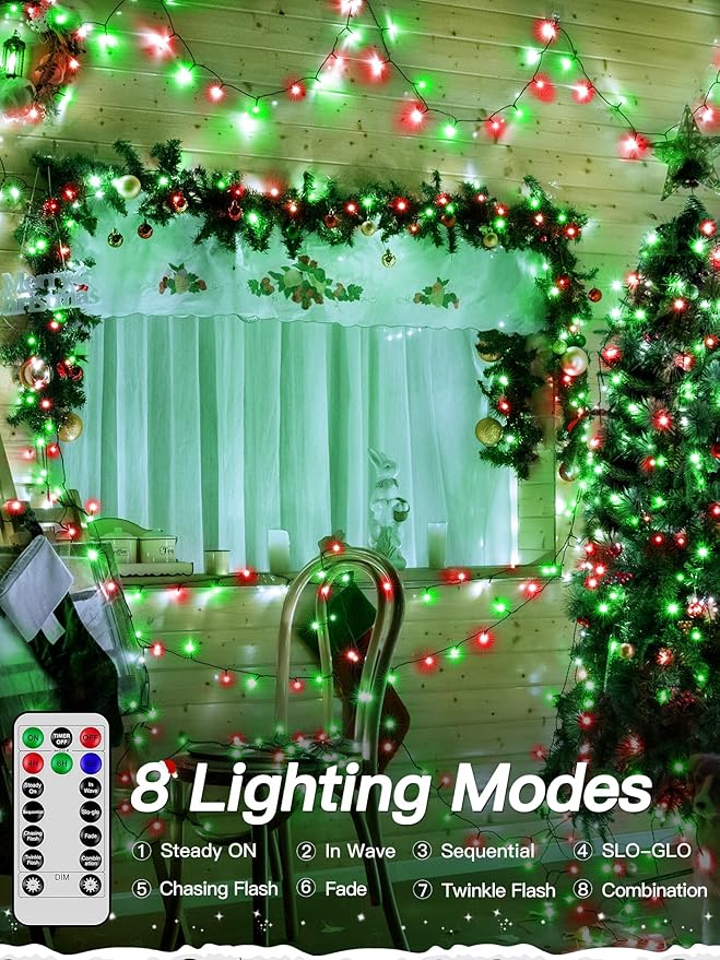 Guhope Christmas Lights 66FT 200 LED, Christmas Tree Light with 8 Lighting Modes, Outdoor Waterproof String Lights with Remote and Timer, Fairy Light for Holiday Decor (Red and Green)