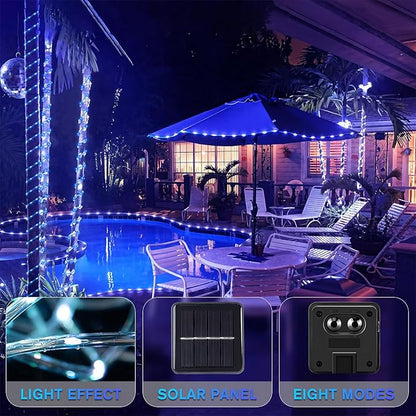 ANJAYLIA 33FT 100 LED Solar Rope Lights Outdoor Waterproof, Solar Powered Rope String Lights with 8 Modes for Outdoor, Patio, Garden, Camping, Holiday & Christmas Décor Blue