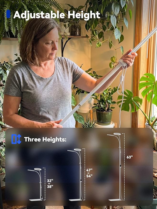 GLOWRIUM Grow Lights for Indoor Plants, 36W Full Spectrum 2-Head LED Plant Light with Stand, Adjustable Height, 3/9/12H Timer, 6 Dimmable Levels & 3 Lighting Modes (White-Double Head)
