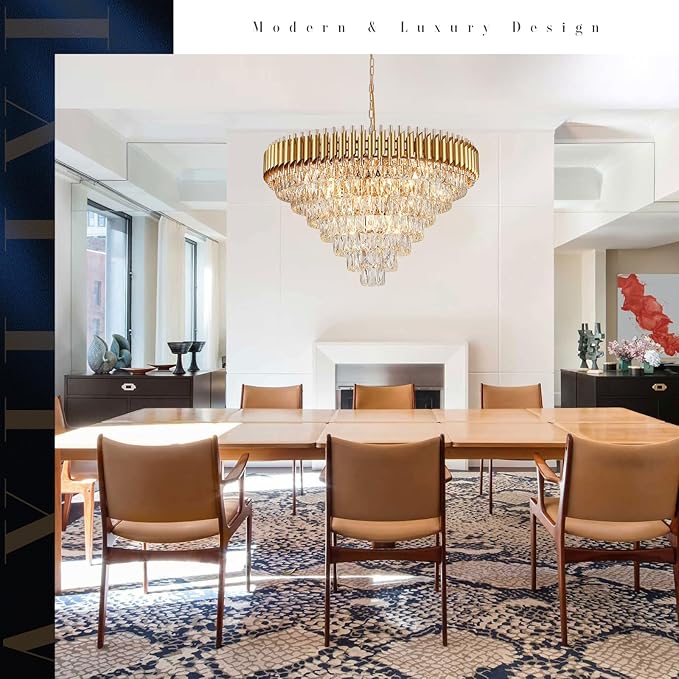 35'' Large Foyer Chandeliers Modern Gold Crystal Chandeliers for Staircase 22 Light Luxury Chandelier 7-Tier K9 Crystal Round Chandelier with Adjustable Chain for High Ceiling Entry Living Room