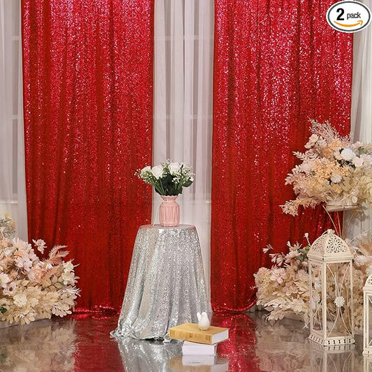 Poise3EHome Red Sequin Backdrop Curtain, 2 Panels 2Ft x 8Ft Glitter Photography Back Drop for Wedding Birthday Christmas Valentines Day Carnival Party Decorations
