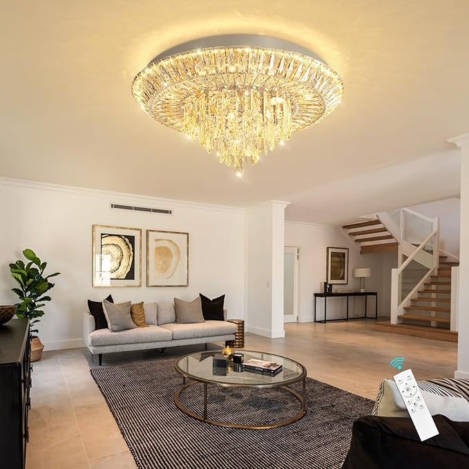 Modern LED Chandelier Crystal Ceiling Light Fixture Raindrop Chandeliers Dimmable Lighting for Living Room Dining Room Entryway Bedroom Silver