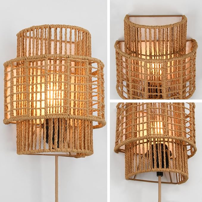 Plug-in Boho Wall Sconces Set of 2, Handwoven Rattan Wall Lights with On/Off Switch, Bohemian Light Fixtures for Bedroom, Living Room