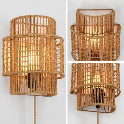 Plug-in Boho Wall Sconces Set of 2, Handwoven Rattan Wall Lights with On/Off Switch, Bohemian Light Fixtures for Bedroom, Living Room