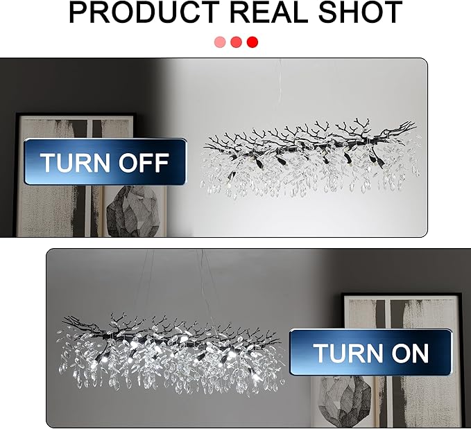 Modern Crystal Tree Branches Chandelier, 47.5in Black 14 Lights Large Ceiling Hanging Light for Dining Room, Rectangle Raindrop Pendant Light Fixture