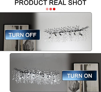 Modern Crystal Tree Branches Chandelier, 47.5in Black 14 Lights Large Ceiling Hanging Light for Dining Room, Rectangle Raindrop Pendant Light Fixture