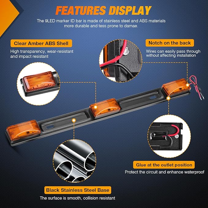 Nilight 9 LED Marker Tail Trailer Light Bar 14.2Inch 2 PCS Amber Clearance Identification Running Mark ID Rear Stainless Steel Bracket for 12V Pickup Truck RV Boat