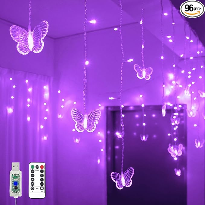 YOLIGHT Butterfly Curtain Lights 13ft 96 LED Fairy Lights 8 Modes String Lights with Remote, Butterfly Hanging Decoration for Girls Room Bedroom Wall Ceiling Party Wedding Holiday Christmas (Purple)