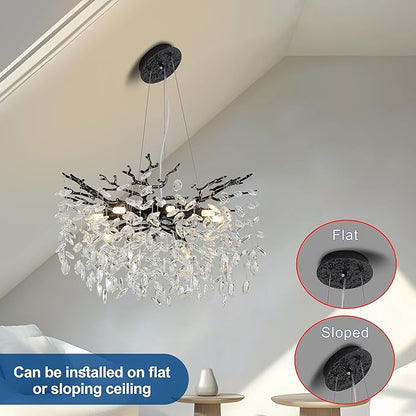 Modern Crystal Tree Branches Chandelier, 23.5in Black 8 Lights Large Ceiling Hanging Light for Dining Room, Round Raindrop Pendant Light Fixture