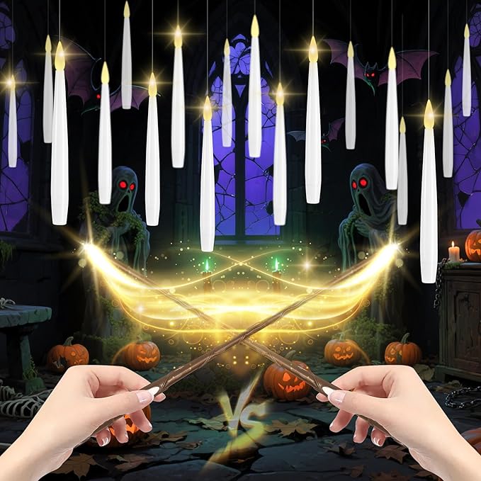 LUSHARBOR Floating Candles with Wand, 20 Pack 2 Wands Halloween Magic Hanging Candles Flameless Floating Candles Battery Operated for Halloween Decorations Gift Idea