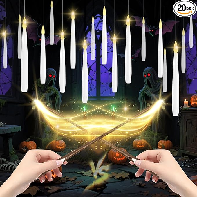 LUSHARBOR Floating Candles with Wand, 20 Pack Halloween Battery Operated LED Hanging Candles Electric Floating Candle for Halloween Party Decor Christmas 10.8in
