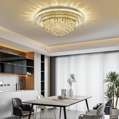 COCOSTAR Sliver Elegant LED Crystal Raindrop Ceiling Light with Remote and APP, 40" Modern Flush Mount Chandelier Light Fixture, 3CCT Dimmable, for Living Room Kitchen Island Bedroom Entryway Foyer