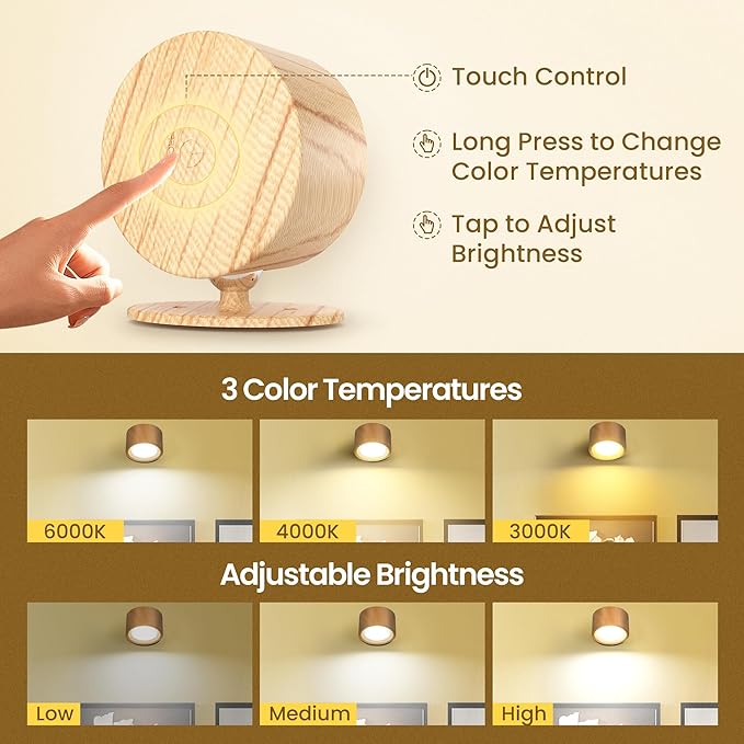 Wall Mounted Lamp LED Wall Lights with Rechargeable Battery Operated, 3 Color Temperatures & 3 Brightness Levels 360°Rotate Magnetic Ball, Cordless Sconces for Reading Bedroom Bedside,Wood-2 Pack