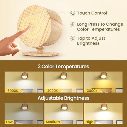 Wall Mounted Lamp LED Wall Lights with Rechargeable Battery Operated, 3 Color Temperatures & 3 Brightness Levels 360°Rotate Magnetic Ball, Cordless Sconces for Reading Bedroom Bedside,Wood-2 Pack