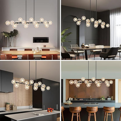 16-Light Linear Chandelier,55" Black Sputnik Chandeliers Clear Globe Modern Chandeliers for Dining Room Light Long Large Chandelier Sputnik Ceiling Light Fixture Pendant Lights Kitchen Island