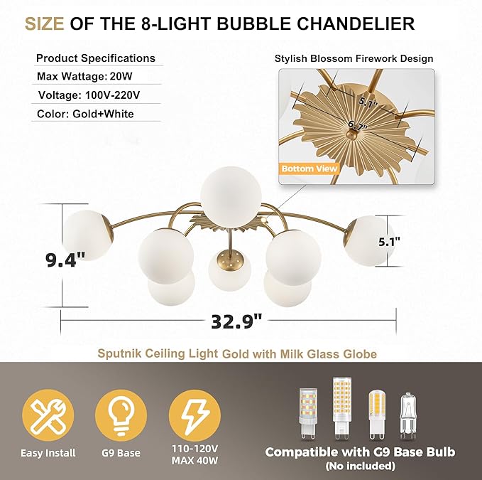 Longree 8-Light Blossom Milk Glass Flush Mount Ceiling Lights Gold and White Sputnik Chandelier, Opal Glass Bubble Starburst Light Fixture for Dining Bedroom Living Entry