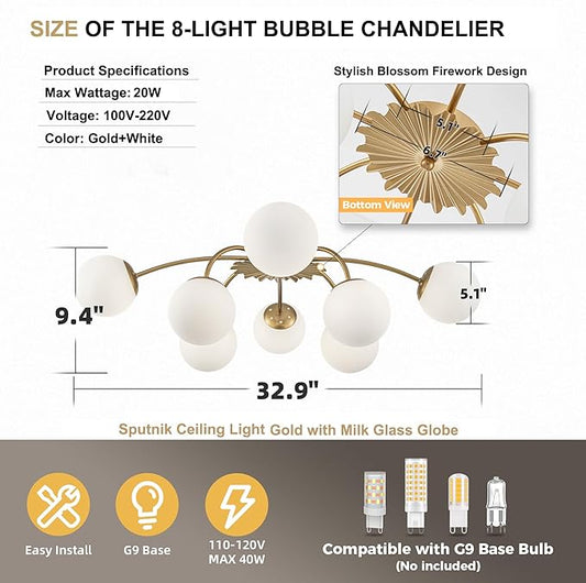 Longree 8-Light Blossom Milk Glass Flush Mount Ceiling Lights Gold and White Sputnik Chandelier, Opal Glass Bubble Starburst Light Fixture for Dining Bedroom Living Entry